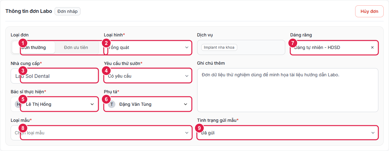 Thông tin chung của đơn Labo được đánh số theo các bước nhập